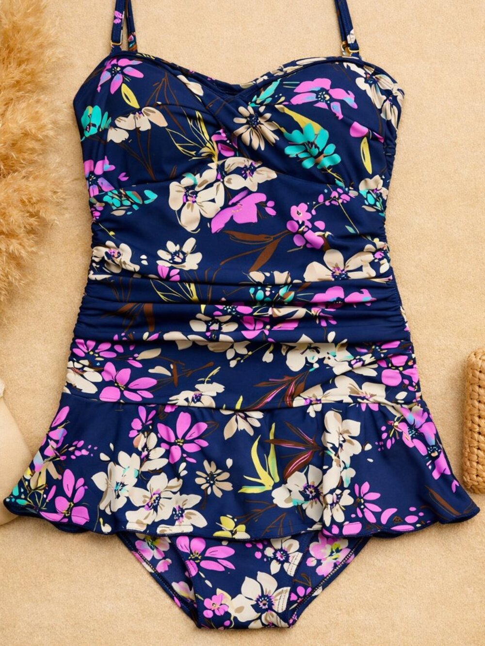 Shore Shapes NWT Navy Floral One-Piece Swimsuit Ruched Skirted Flattering Tummy